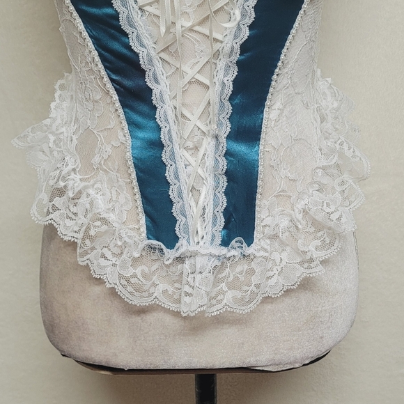 Frederick's Of Hollywood Vintage White Lace Teal Satin Lace-up Corset Lingerie S - Picture 5 of 12